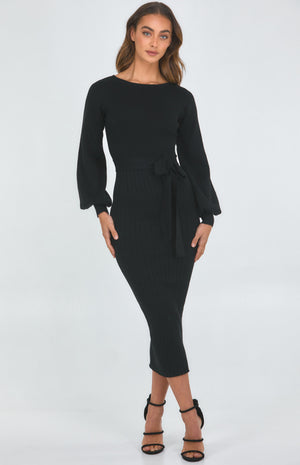 Boat neck Knit Dress-Ajoy-Elle Knit Dress - Black