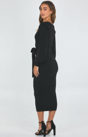Boat neck Knit Dress-Ajoy-Elle Knit Dress - Black