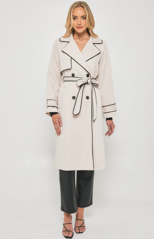 Contrast binding Longline Trench Coat-Beige-Winnie and Co