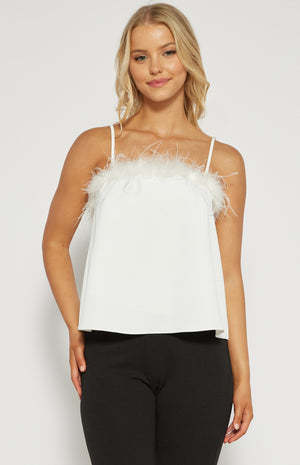 Feather Trim Neckline Top / Winnie and co/ White