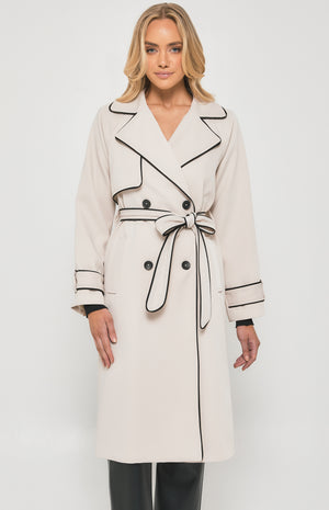 Contrast binding Longline Trench Coat-Beige-Winnie and Co