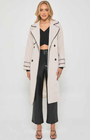 Contrast binding Longline Trench Coat-Beige-Winnie and Co