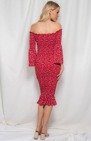 Off the Shoulder Shirred Midi