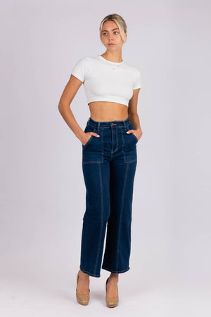 Wide Leg Dark Blue Denim Jeans-Wakee