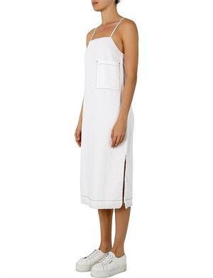 Ladies white linen Dress-Nude Lucy-Grace Contrast Stitch Dress
