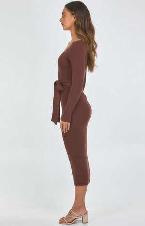 V-Neck Fitted Knit Dress-Chocolate-Style State