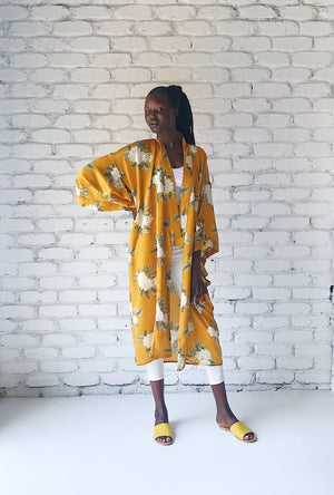 Mustard Floral Print-Caro-Classic Kimono Marot