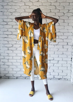 Mustard Floral Print-Caro-Classic Kimono Marot