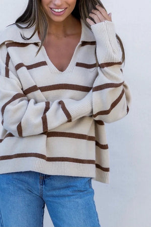 Beige and Brown knit-Minimalist-Jaida Collared Stripe Knit
