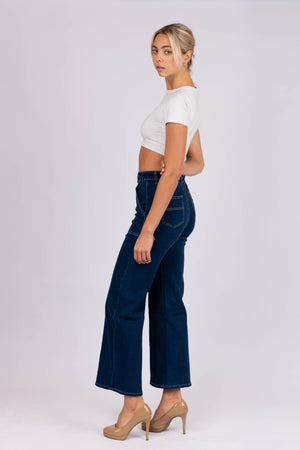 Wide Leg Dark Blue Denim Jeans-Wakee