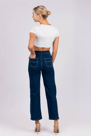 Wide Leg Dark Blue Denim Jeans-Wakee