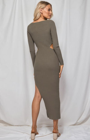 Cut out knit Dress with side split - Khaki-Winnie and Co