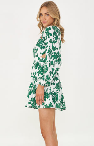 Long sleeve-Green floral-Printed Mini Dress-Style state