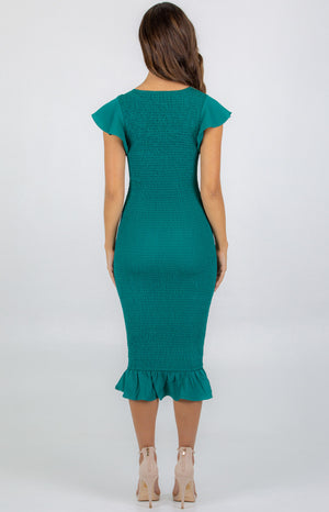 Jade Green-Style State-Butterfly Sleeve Shirred Midi