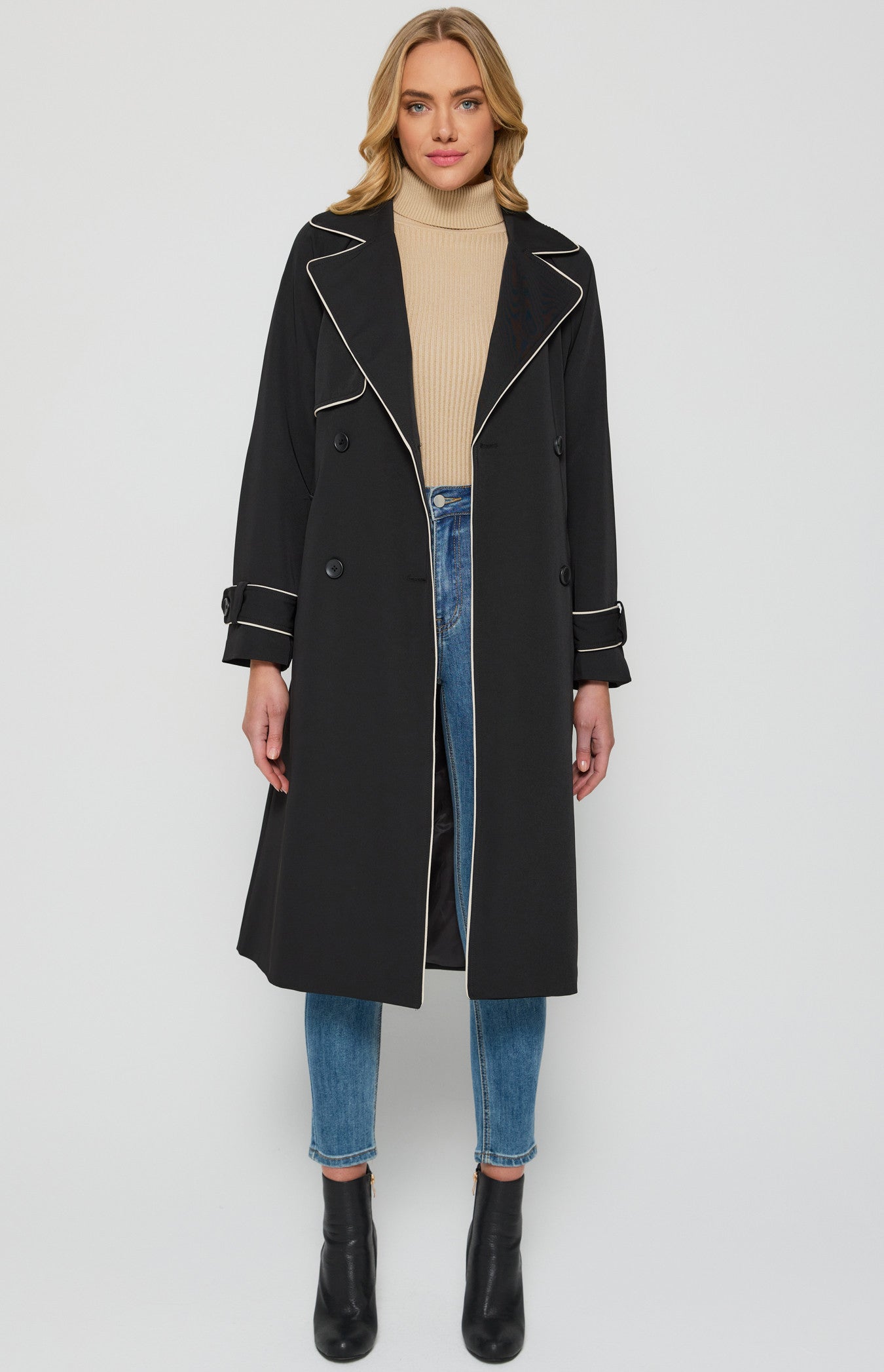 Contrast Binding Longline Trench Coat-Black-Winnie and Co 
