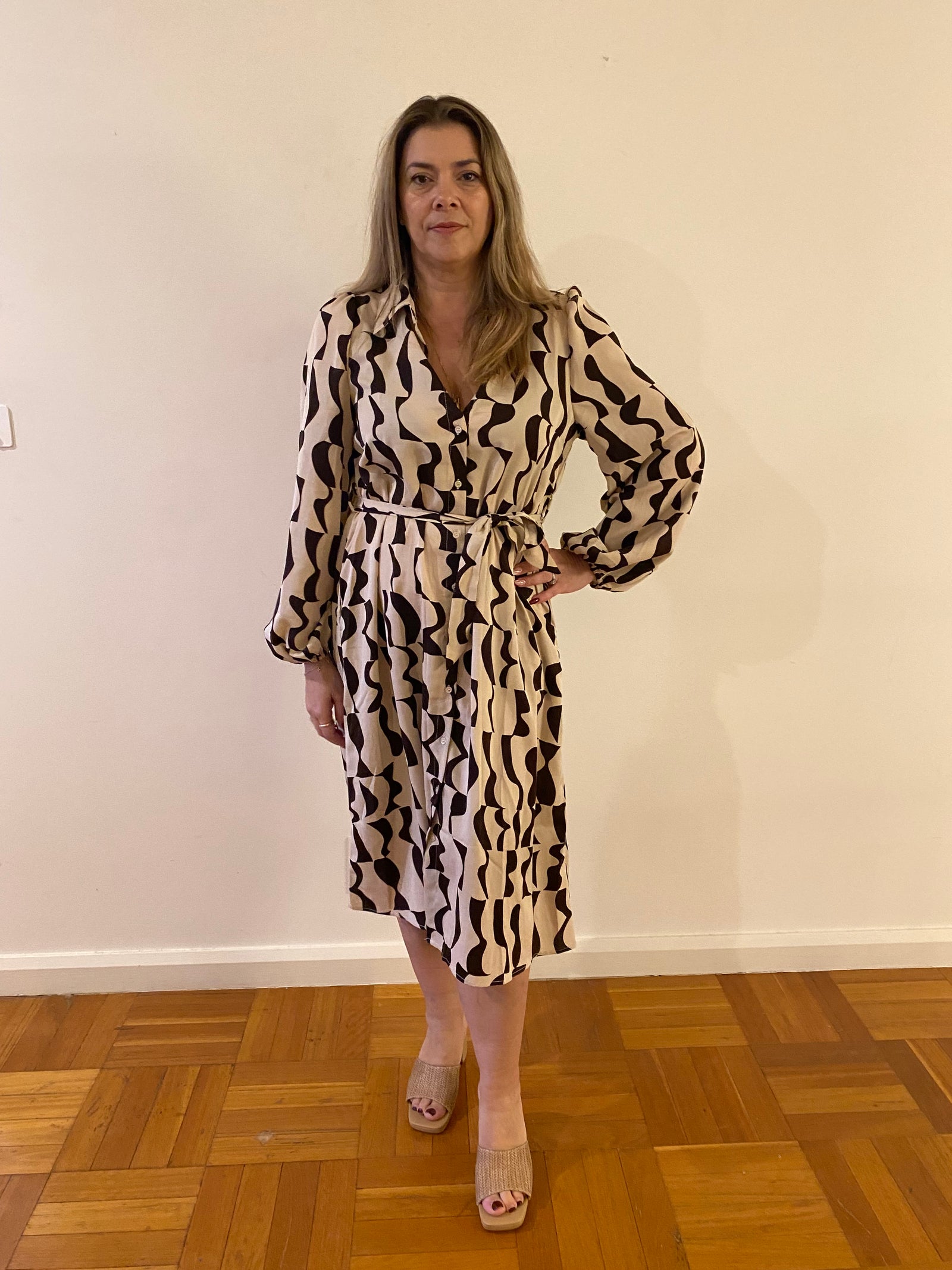 Belted Shirt Dress with collar-Brown