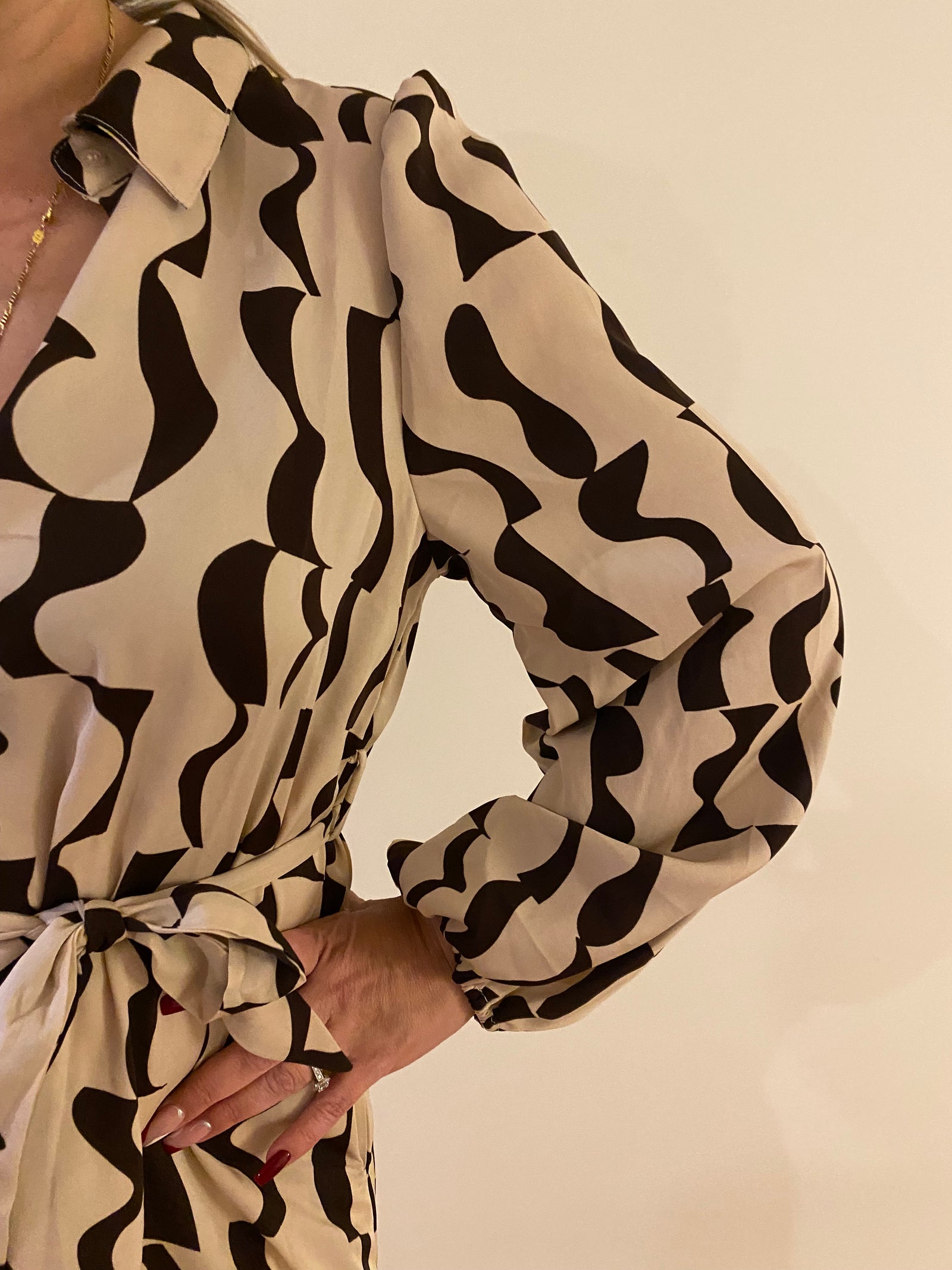 Belted Shirt Dress with collar-Brown