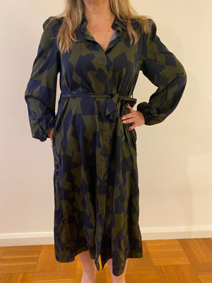 Shirt Dress with belt-Navy and green