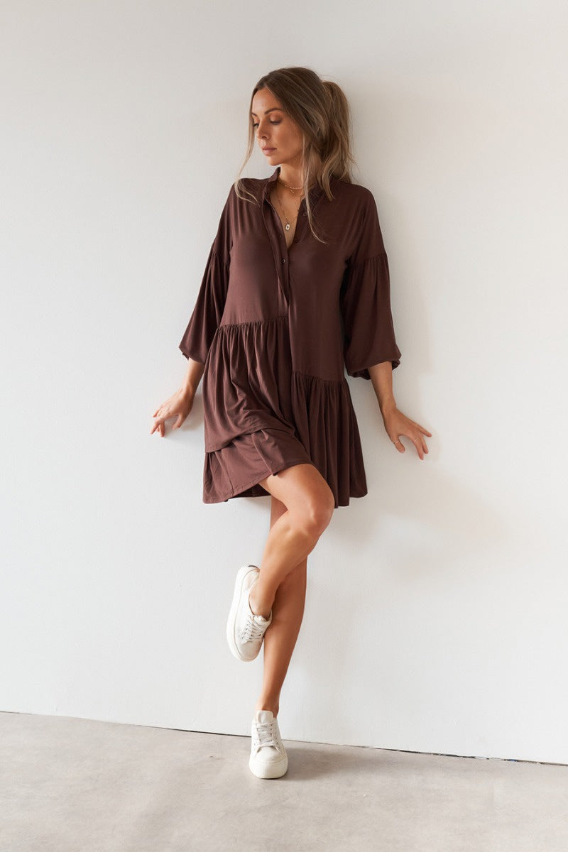 FL Basic-Chocolate-Alia Long Sleeve Dress 