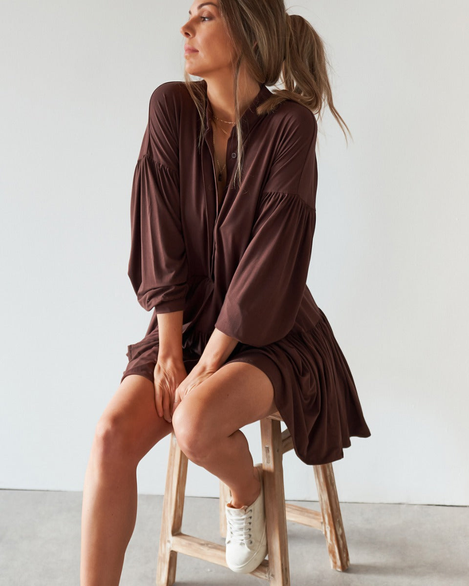 FL Basic-Chocolate-Alia Long Sleeve Dress - Gigi & Co