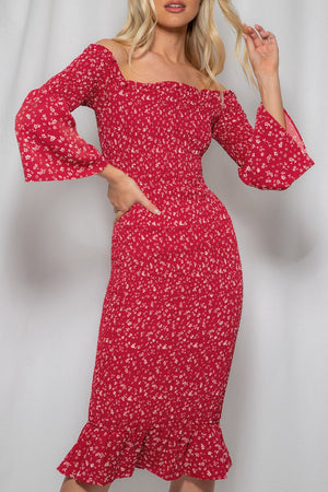 Red Dress-Winnie and Co-Off the Shoulder Shirred Midi