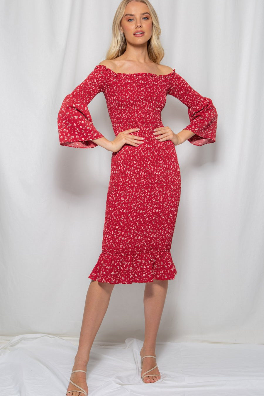 Red Dress-Winnie and Co-Off the Shoulder Shirred Midi
