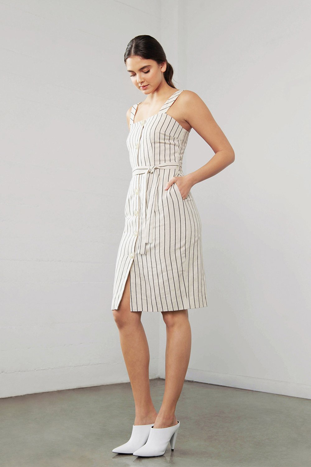 Linen Dress with Belt-Shilla-Enchant Linen Stripe Dress