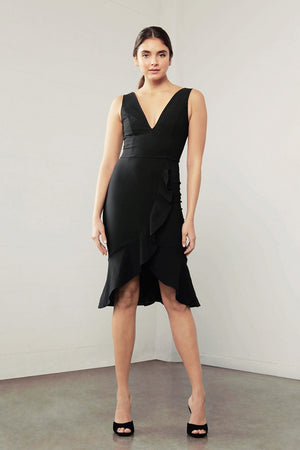 Black Dress knee length Dress-Shilla-Enchant Ruffle Dress
