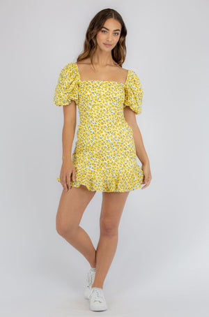 Yellow Mini-Floral Dress with Bubble Sleeves