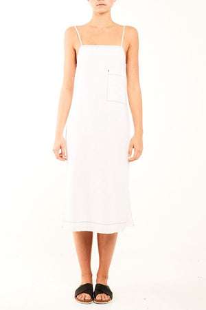 Ladies white linen Dress-Nude Lucy-Grace Contrast Stitch Dress