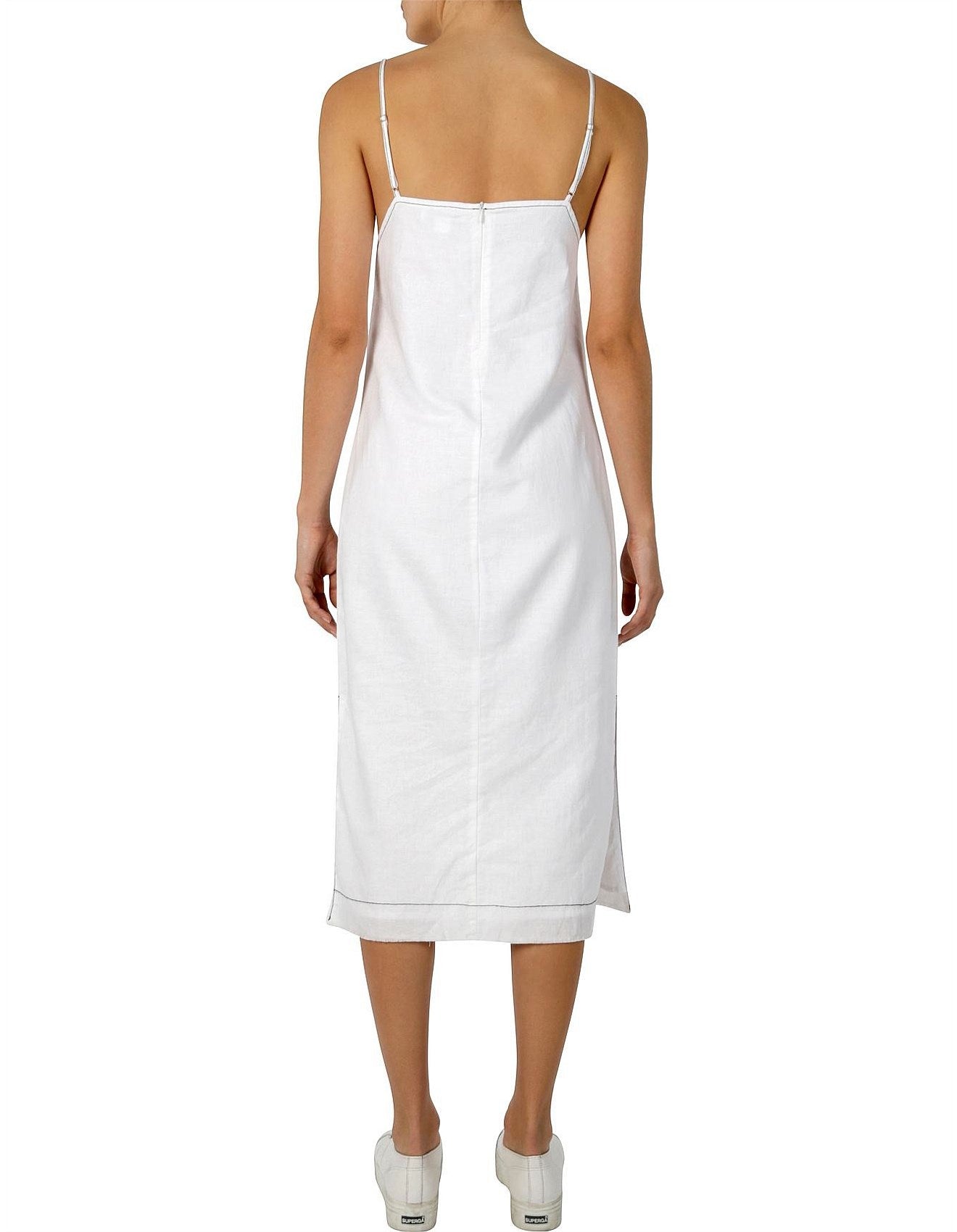 Ladies white linen Dress-Nude Lucy-Grace Contrast Stitch Dress