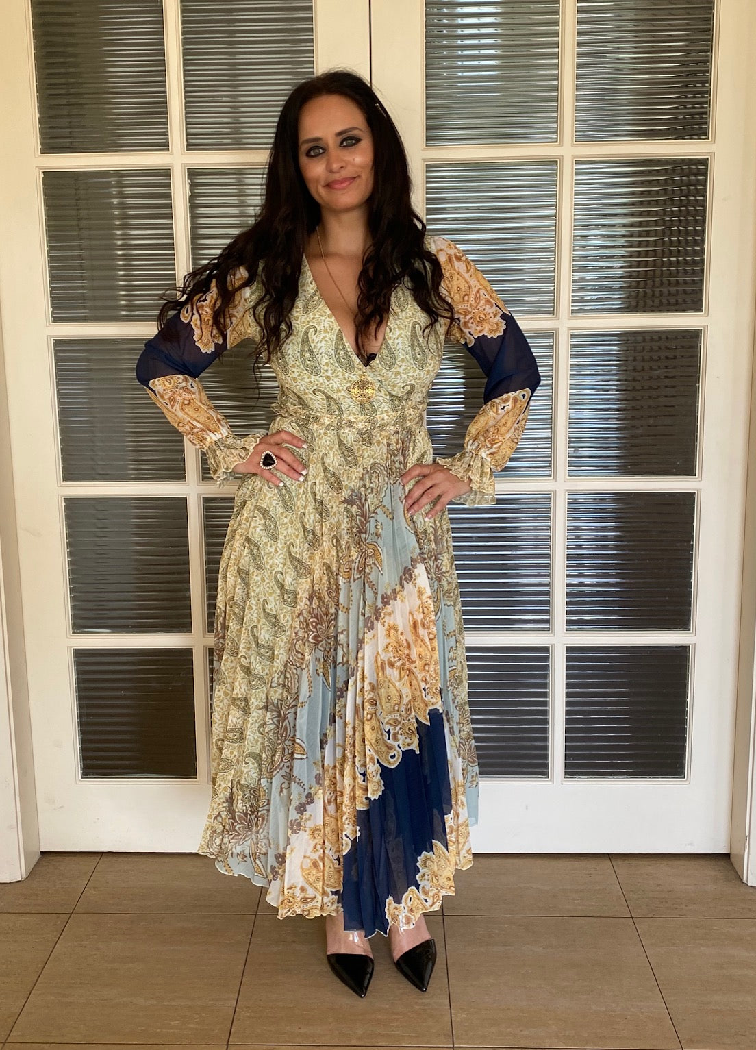 Ladies Printed Wrap Dress- Rose Bullet-Pleated Wrap Dress