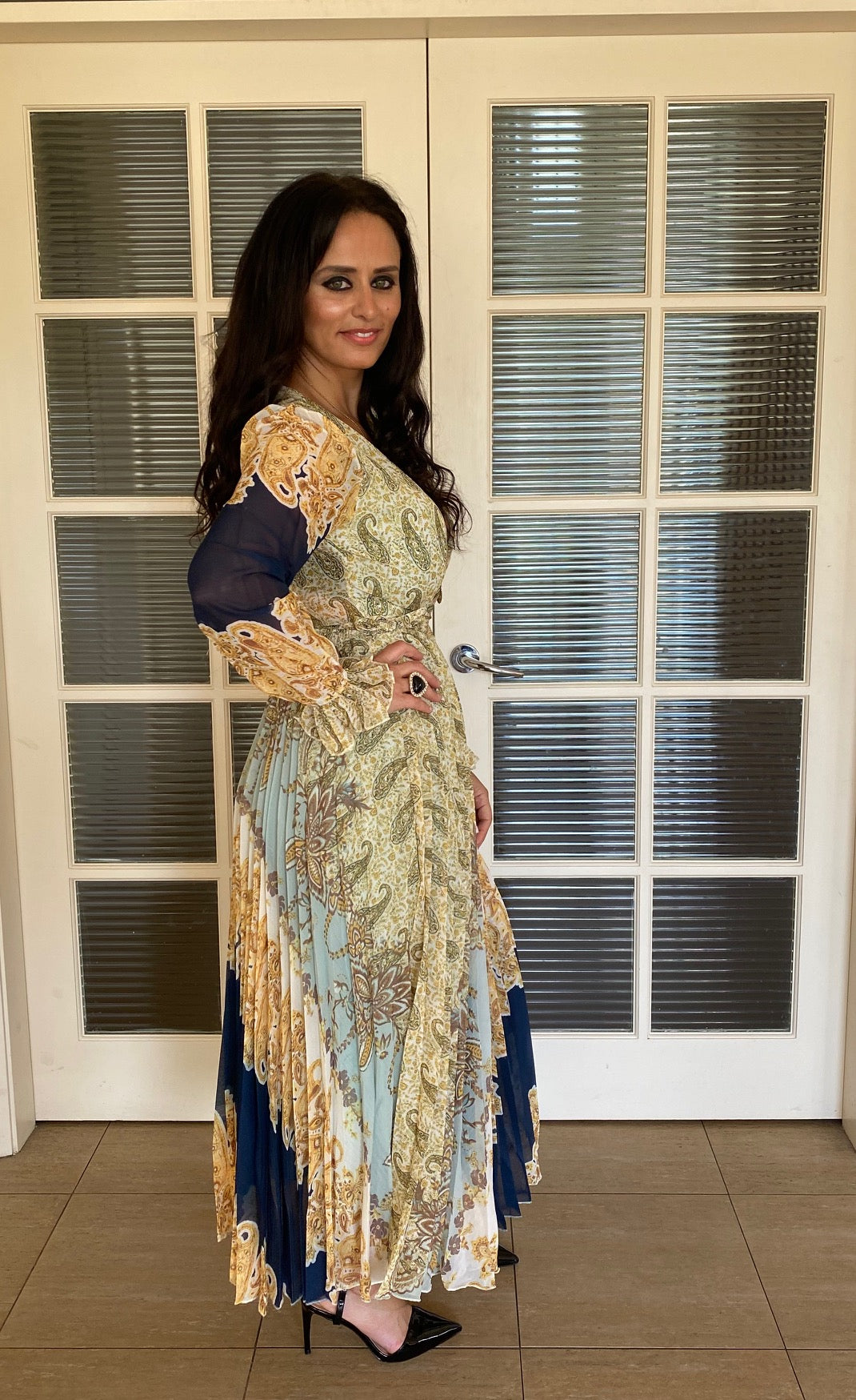 Ladies Printed Wrap Dress- Rose Bullet-Pleated Wrap Dress