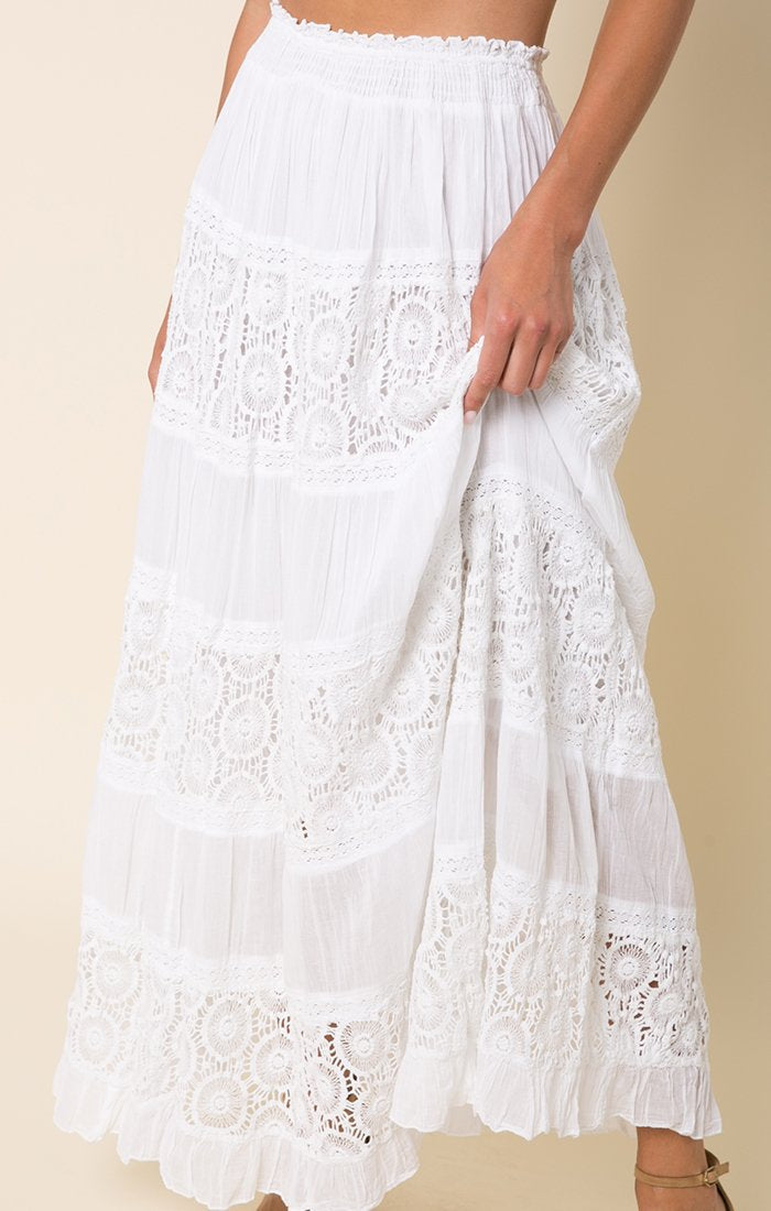 White Boho Skirt-Raga-Kimberly Lace Panel Maxi Skirt