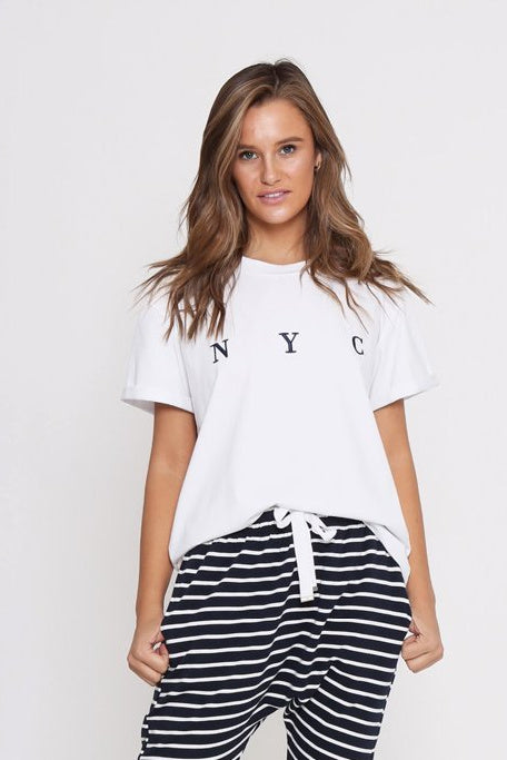 Leoni White Tee-NYC Embroidered Tee