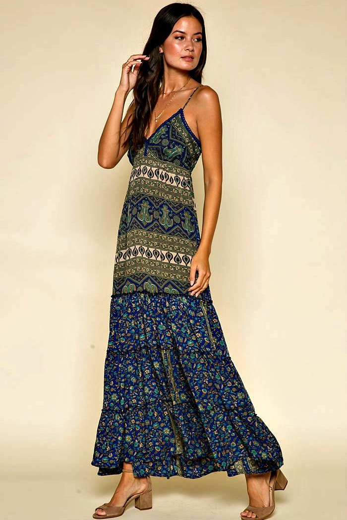 Printed Halter Maxi Dress-Raga-Sapphire Maxi