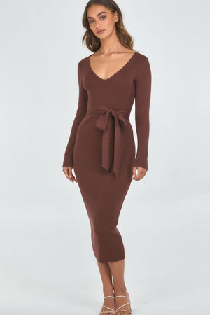 V-Neck Fitted Knit Dress-Chocolate-Style State