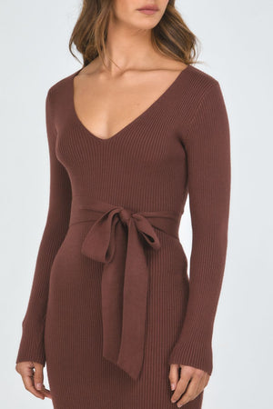 V-Neck Fitted Knit Dress-Chocolate-Style State