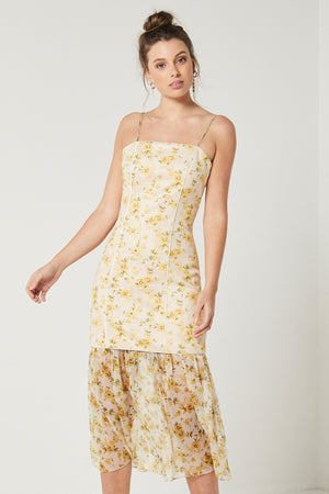 Ladies Yellow print dress-Elliatt-Wattle Dress with Detachable Skirt