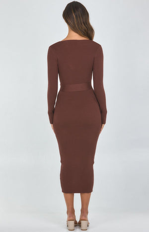 V-Neck Fitted Knit Dress - Chocolate