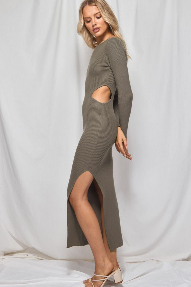 Cut out knit Dress with side split - Khaki-Winnie and Co