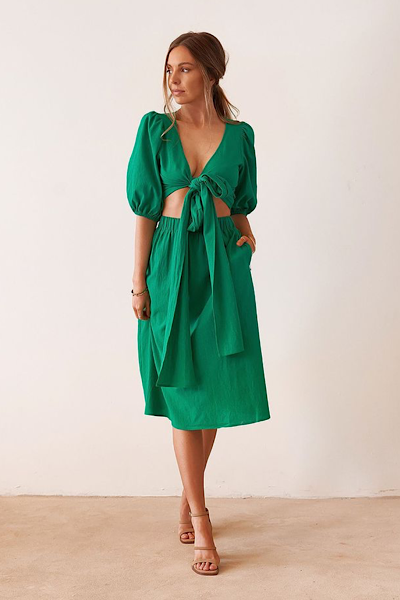FL Basic - Sundae Green Midi Linen Skirt