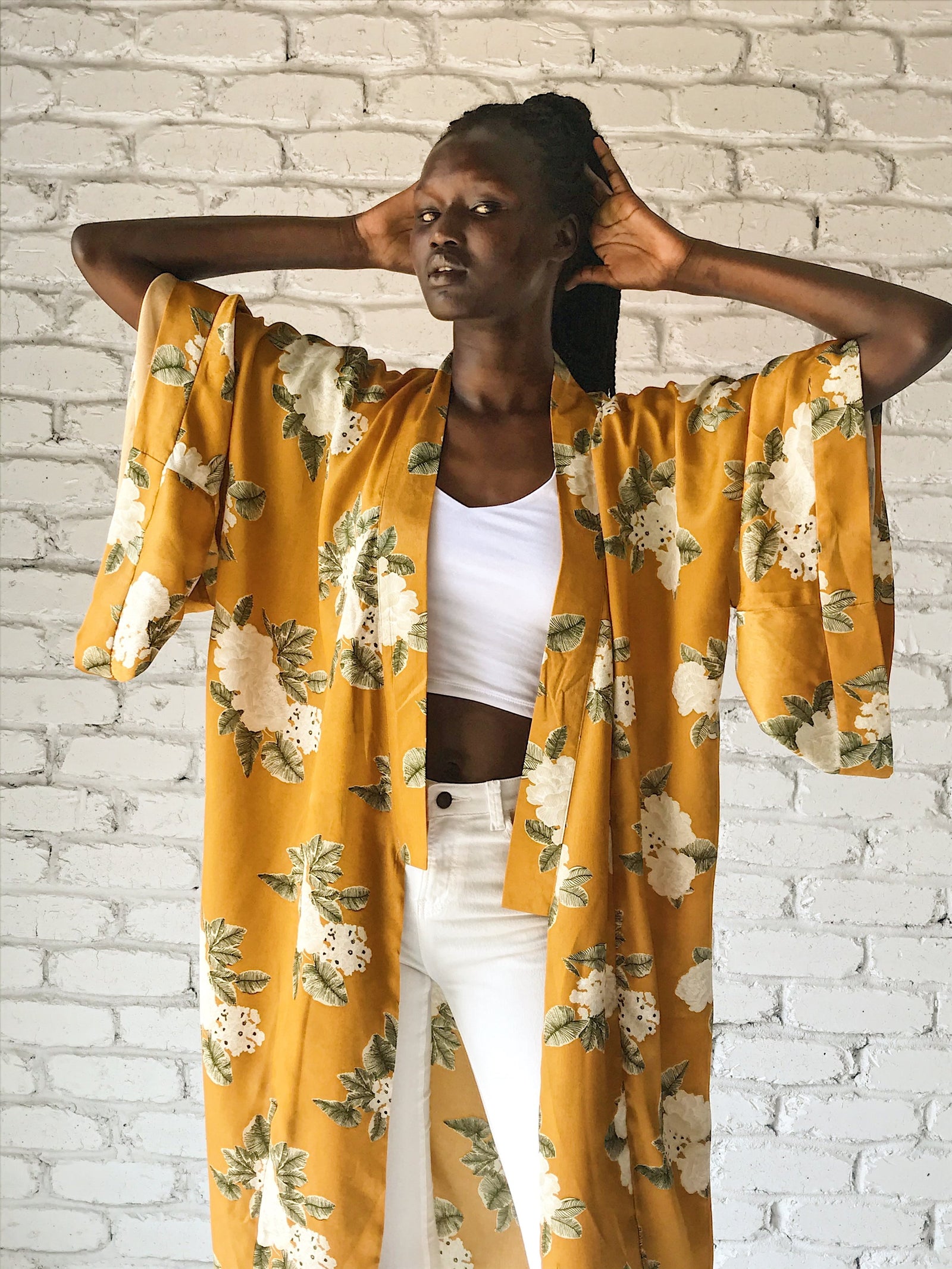 Mustard Floral Print-Caro-Classic Kimono Marot
