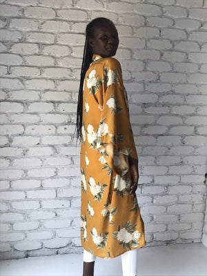 Mustard Floral Print-Caro-Classic Kimono Marot