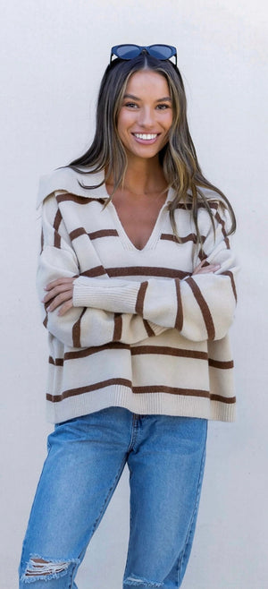 Beige and Brown knit-Minimalist-Jaida Collared Stripe Knit