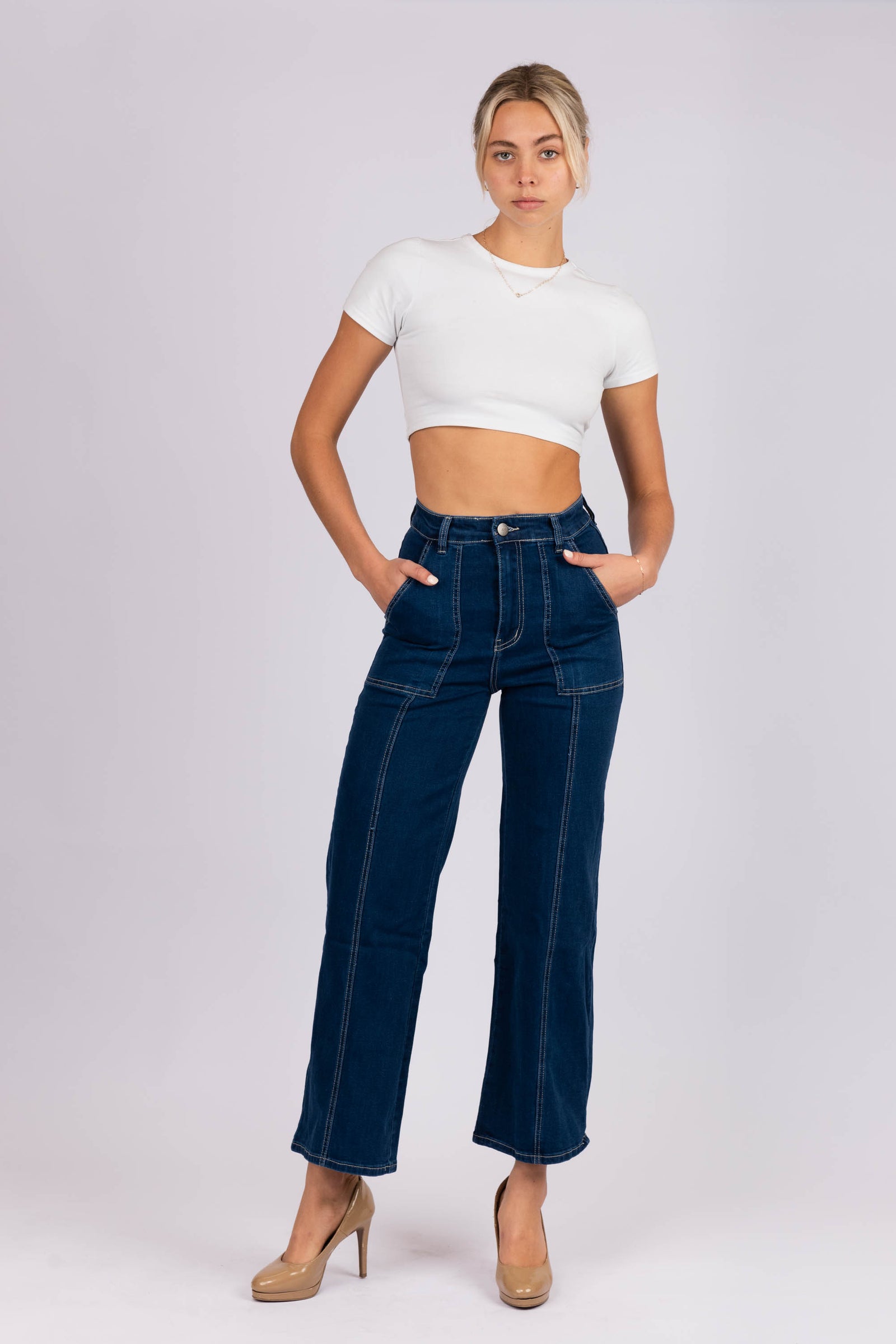 Wide Leg Dark Blue Denim Jeans-Wakee