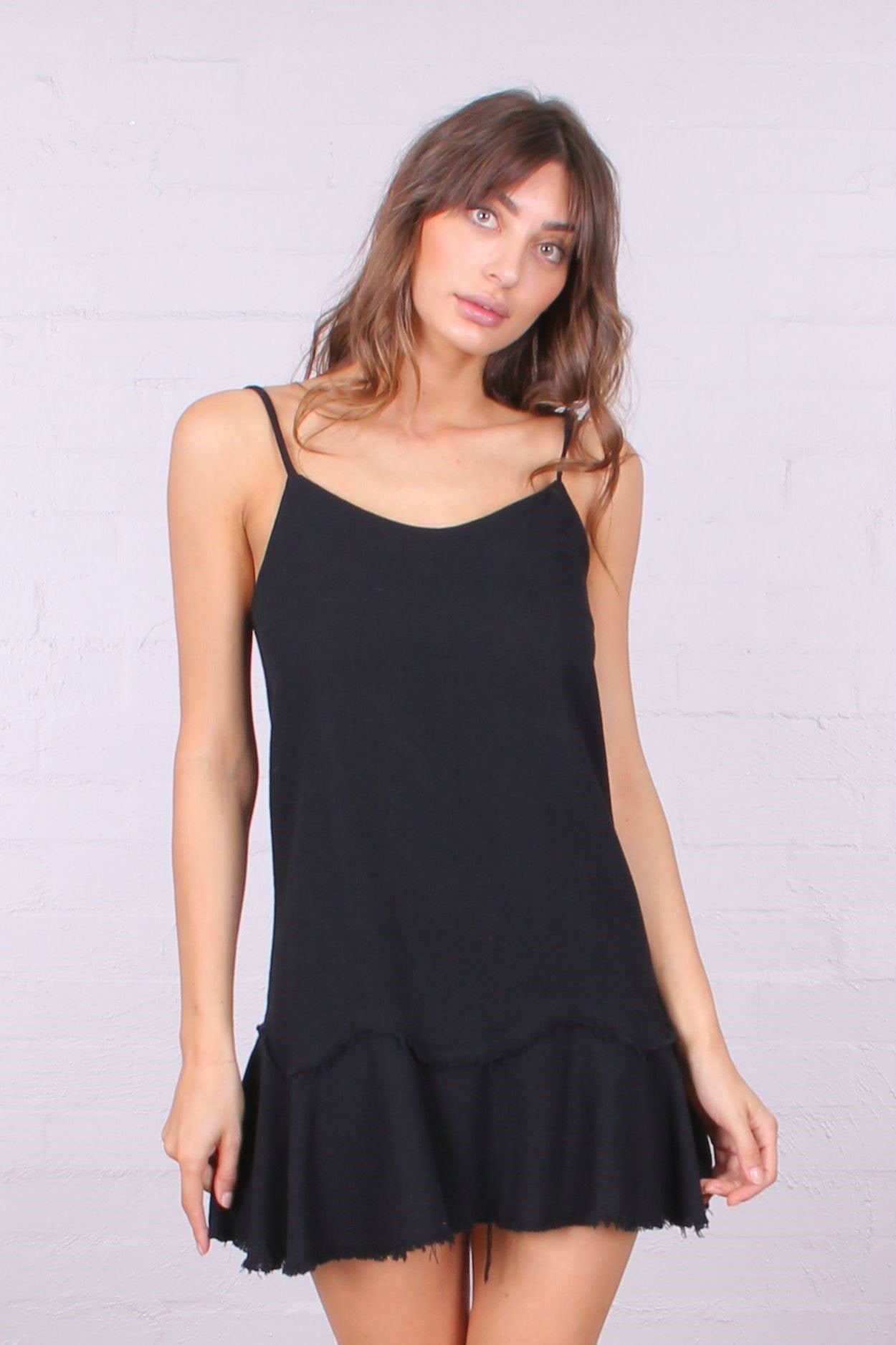 Ladies Black Linen Ruffle Dress