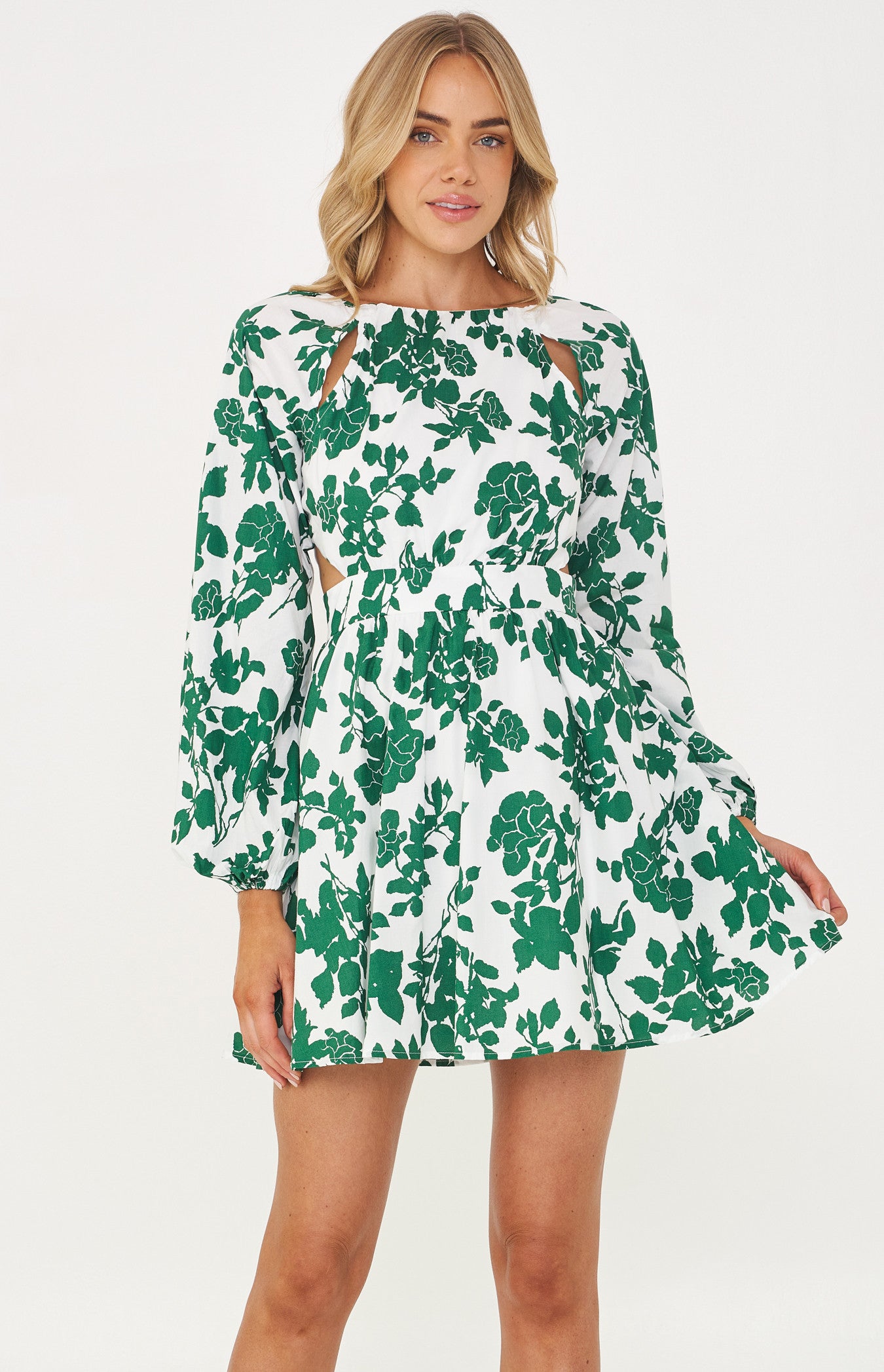 Long sleeve-Green floral-Printed Mini Dress-Style state