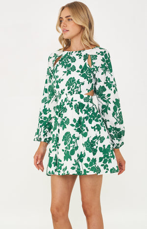 Long sleeve-Green floral-Printed Mini Dress-Style state
