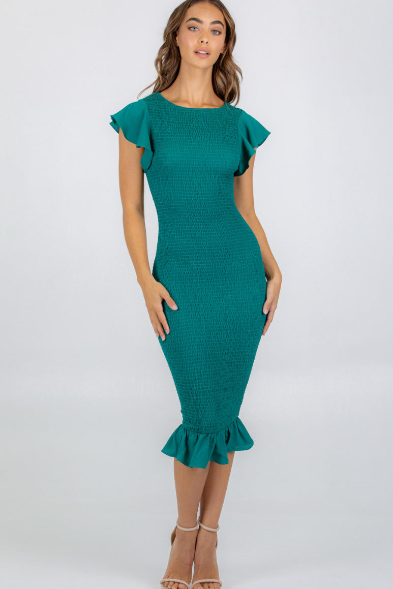 Jade Green-Style State-Butterfly Sleeve Shirred Midi